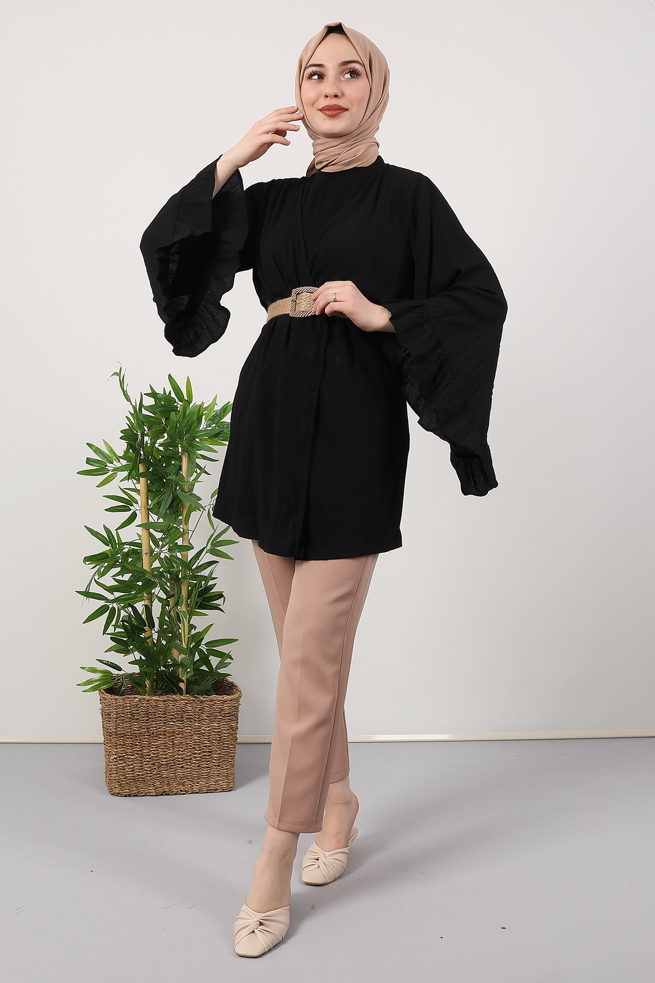 GİZAGİYİM - Hasır Kemerli Kimono Siyah