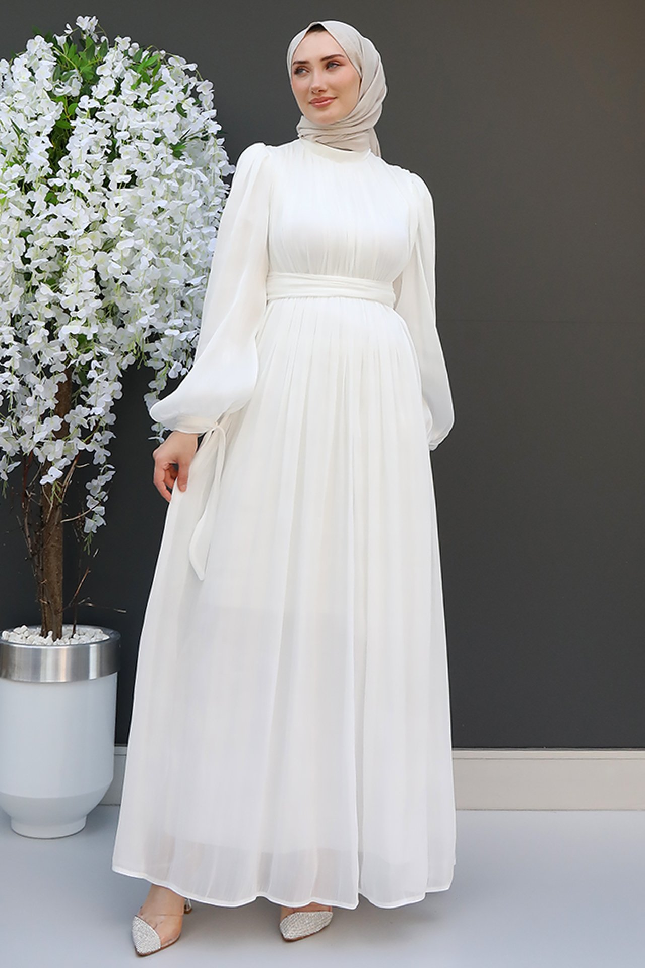 GİZ AGİYİM - Beren İpek Elbise Beyaz