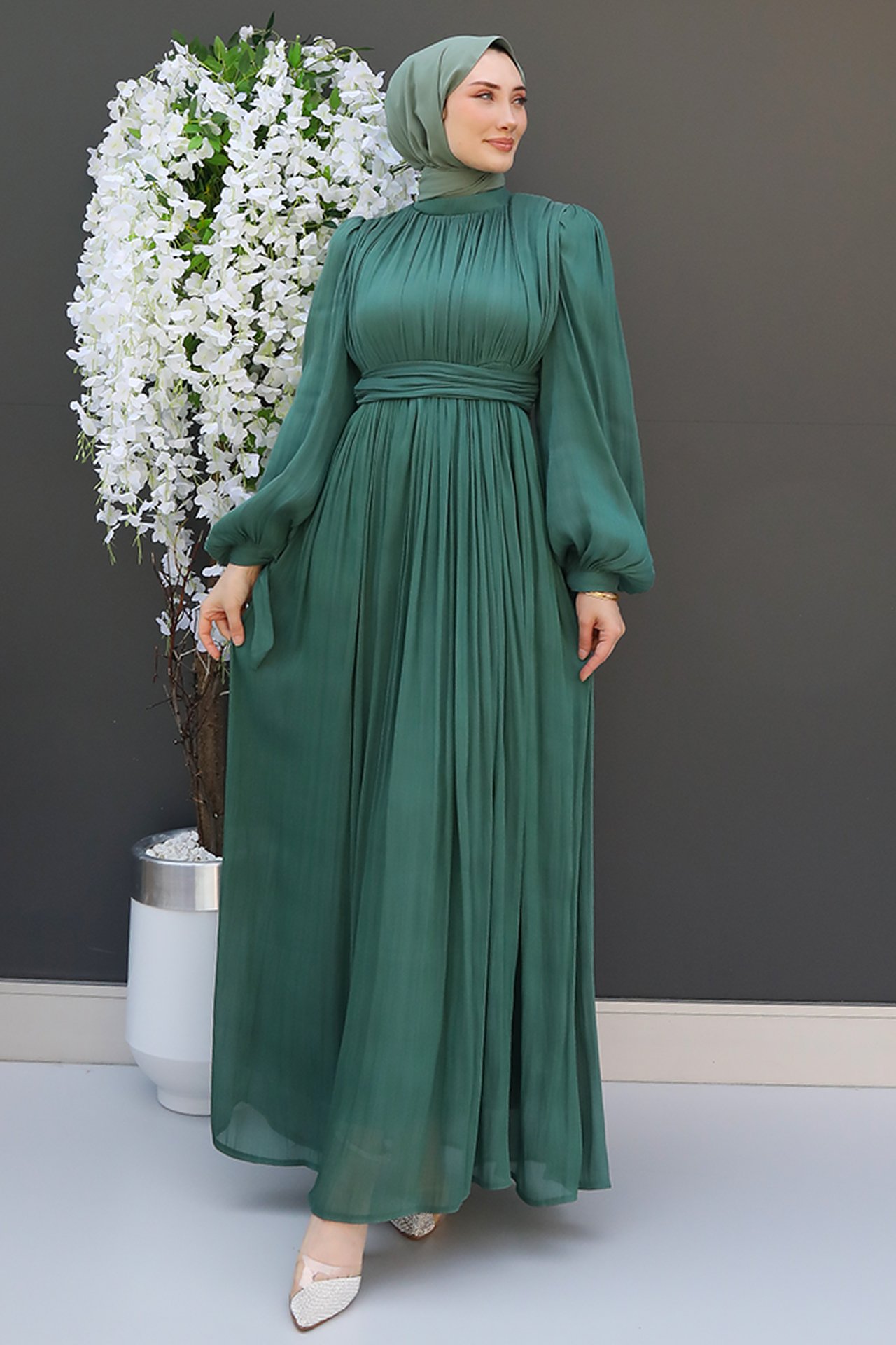 GİZ AGİYİM - Beren İpek Elbise Soft Yeşil