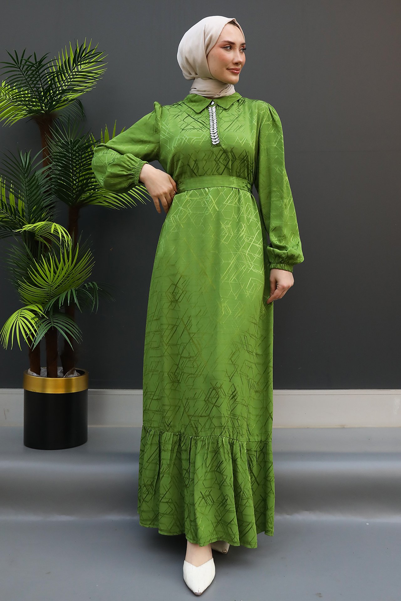 GİZ AGİYİM - Merve Kendinden Desenli Elbise Fıstık Yeşil