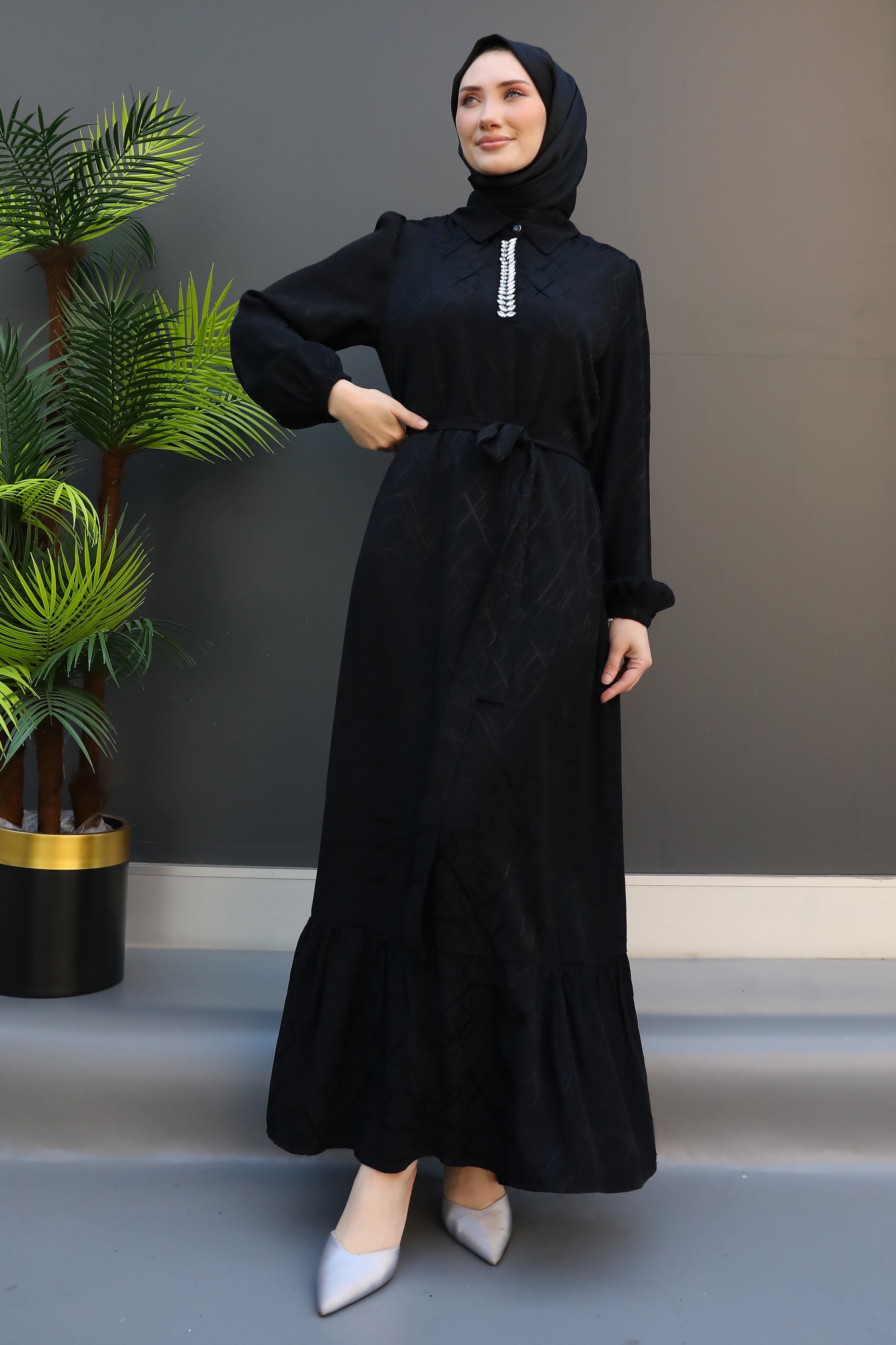 GİZ AGİYİM - Merve Kendinden Desenli Elbise Siyah