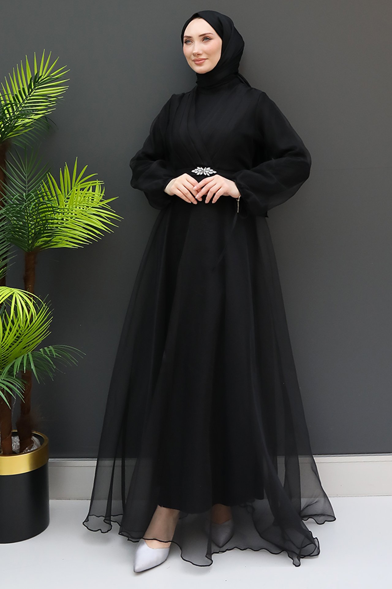 GİZ AGİYİM - Taş Kemer Tül Elbise Siyah