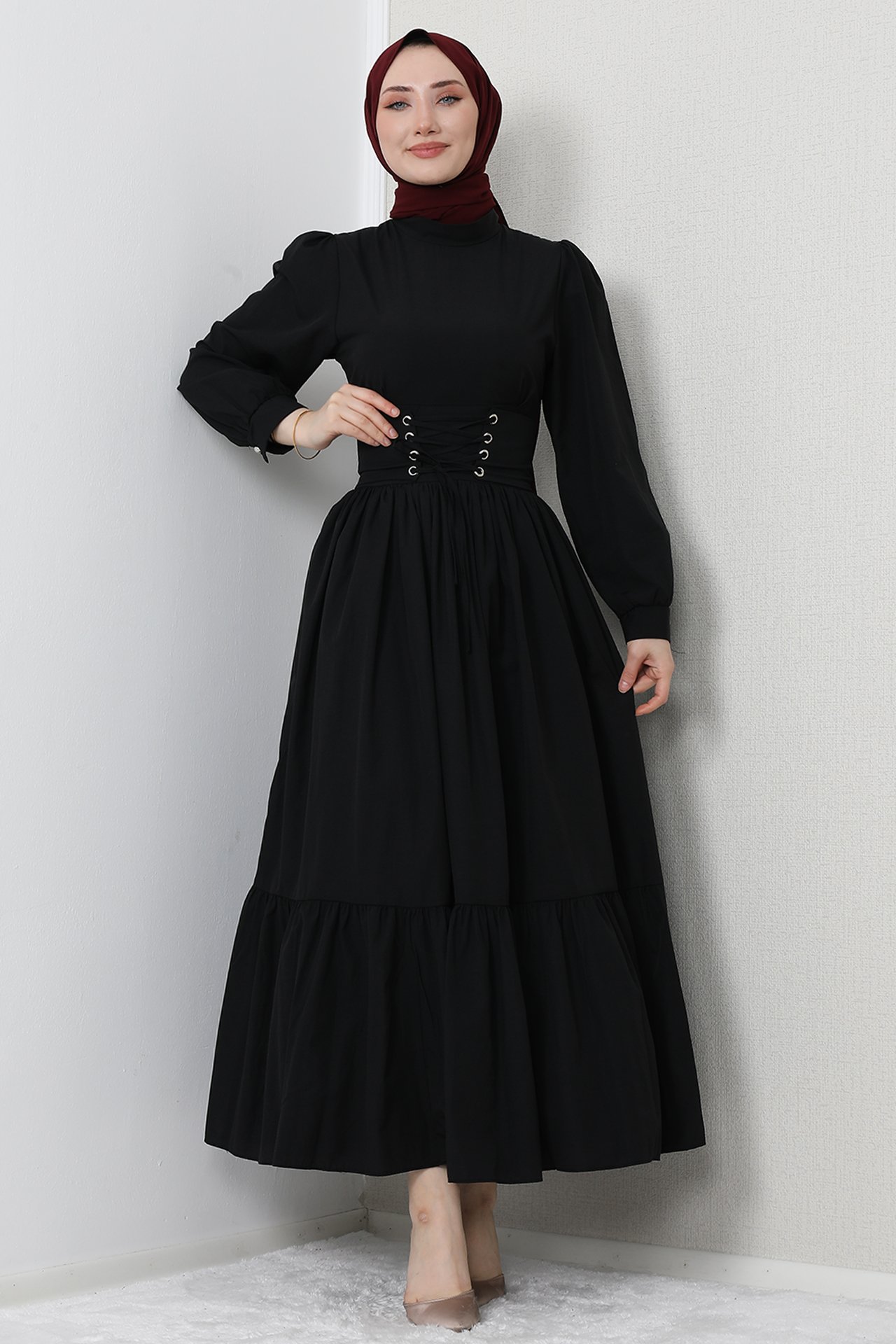 GİZ AGİYİM - Bel Detay Tesettür Elbise Siyah