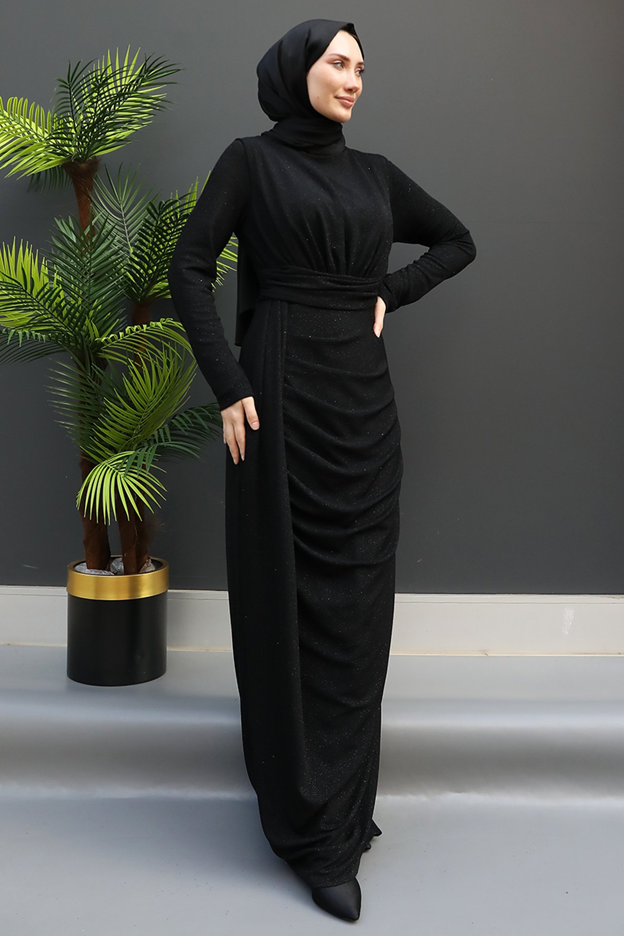 GİZ AGİYİM - Simli Büzgülü Elbise Siyah