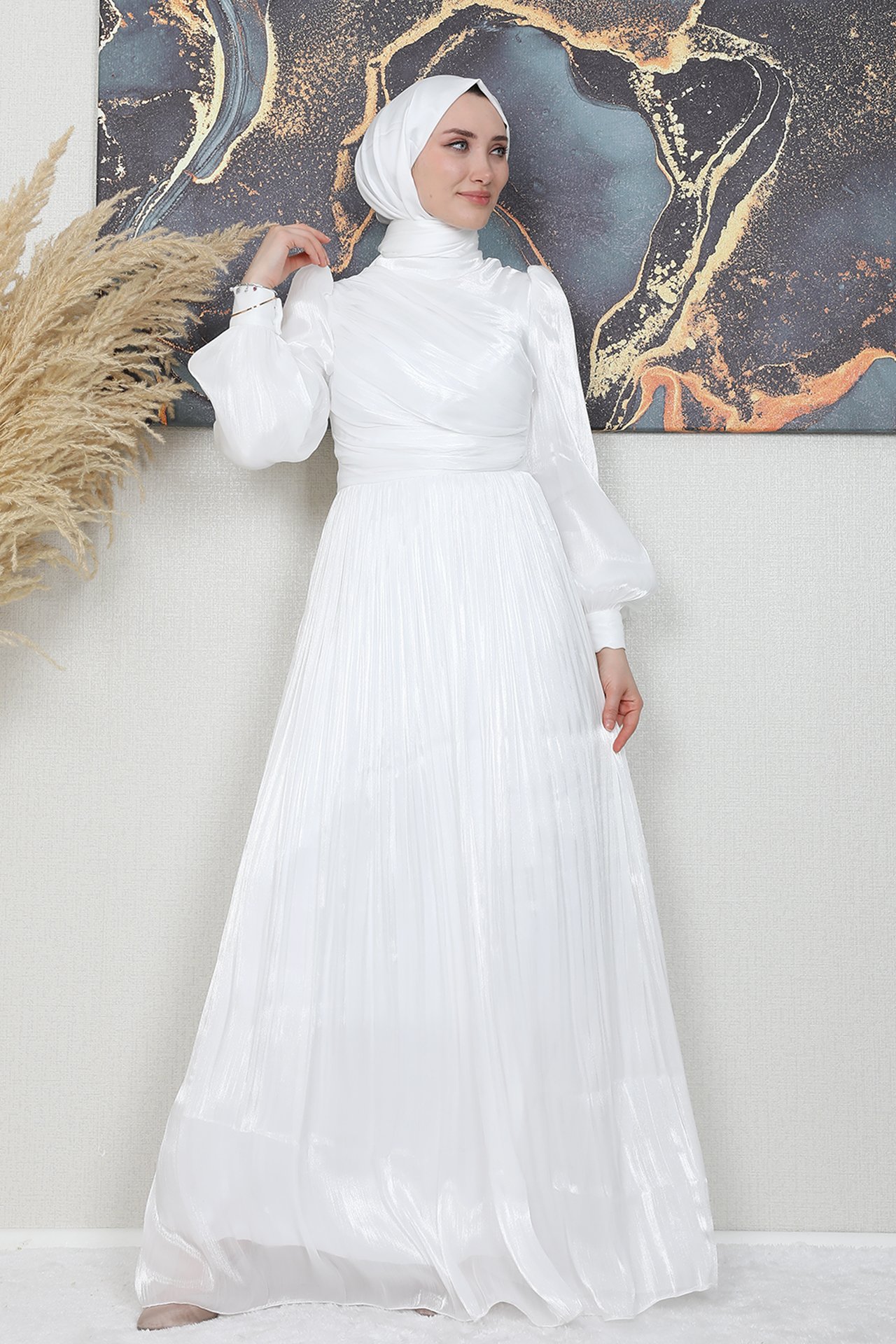 GİZ AGİYİM - İpek Tesettür Elbise Beyaz 