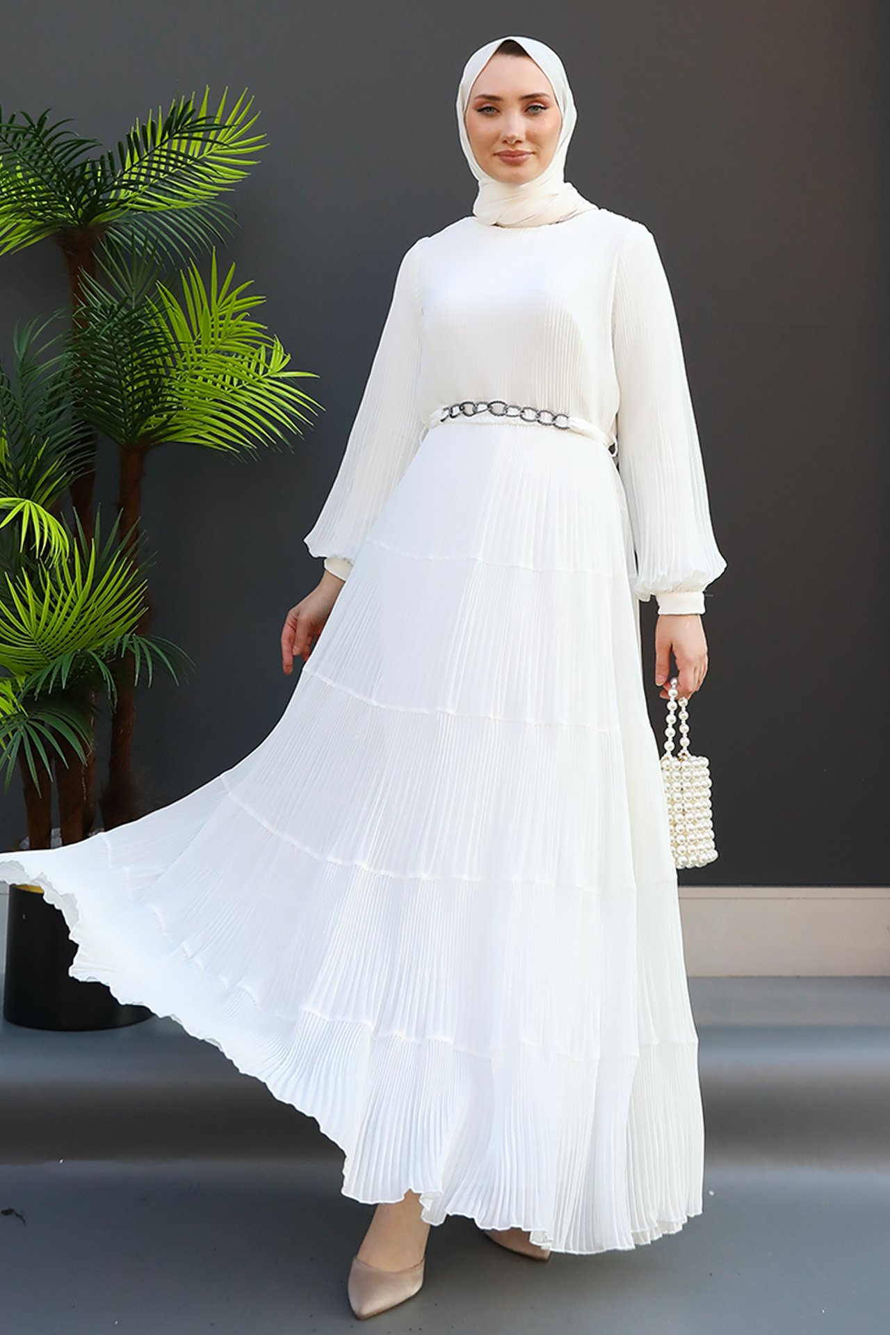 GİZ AGİYİM - Pilisoley Şifon Elbise Beyaz