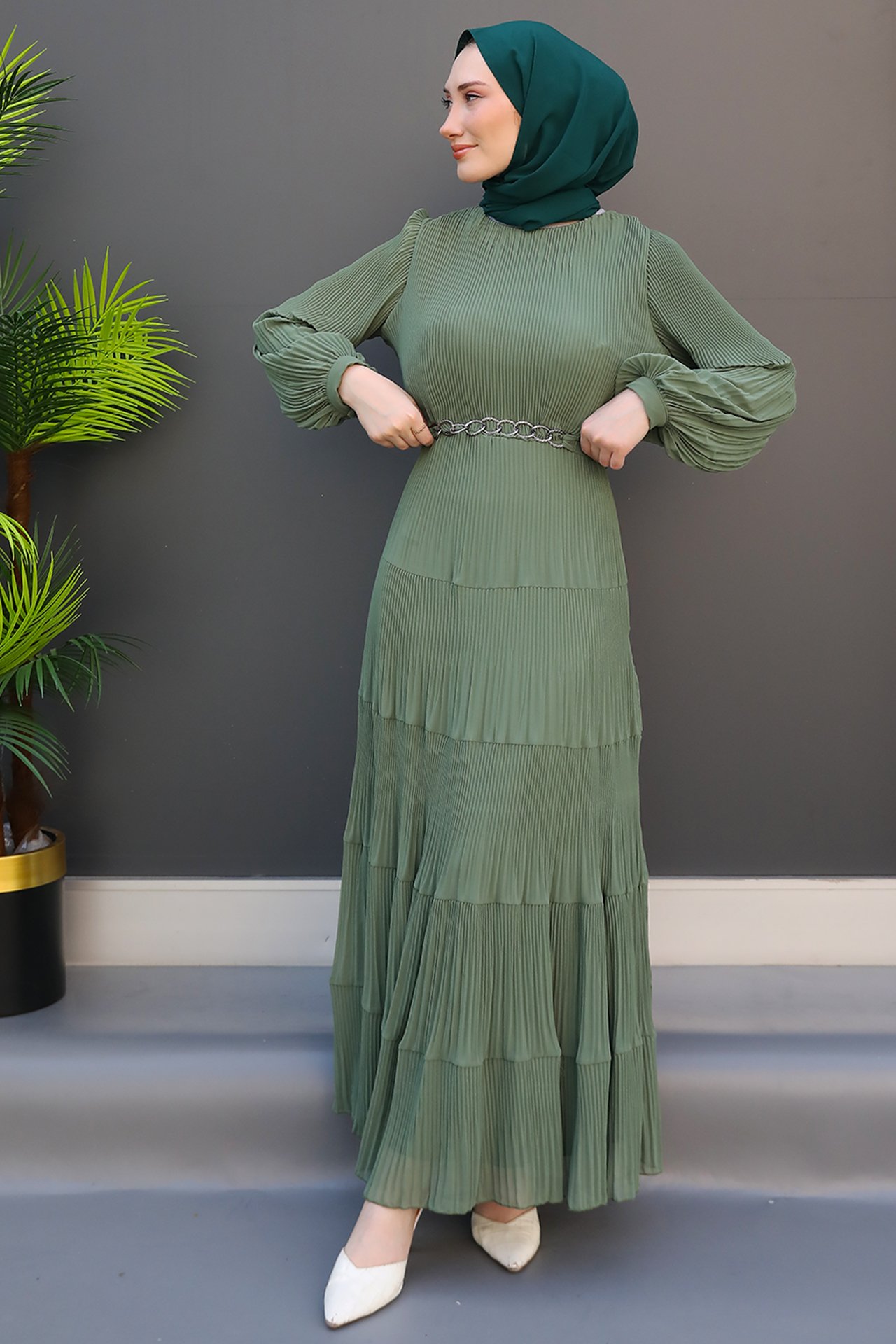 GİZ AGİYİM - Pilisoley Şifon Elbise Soft Yeşil