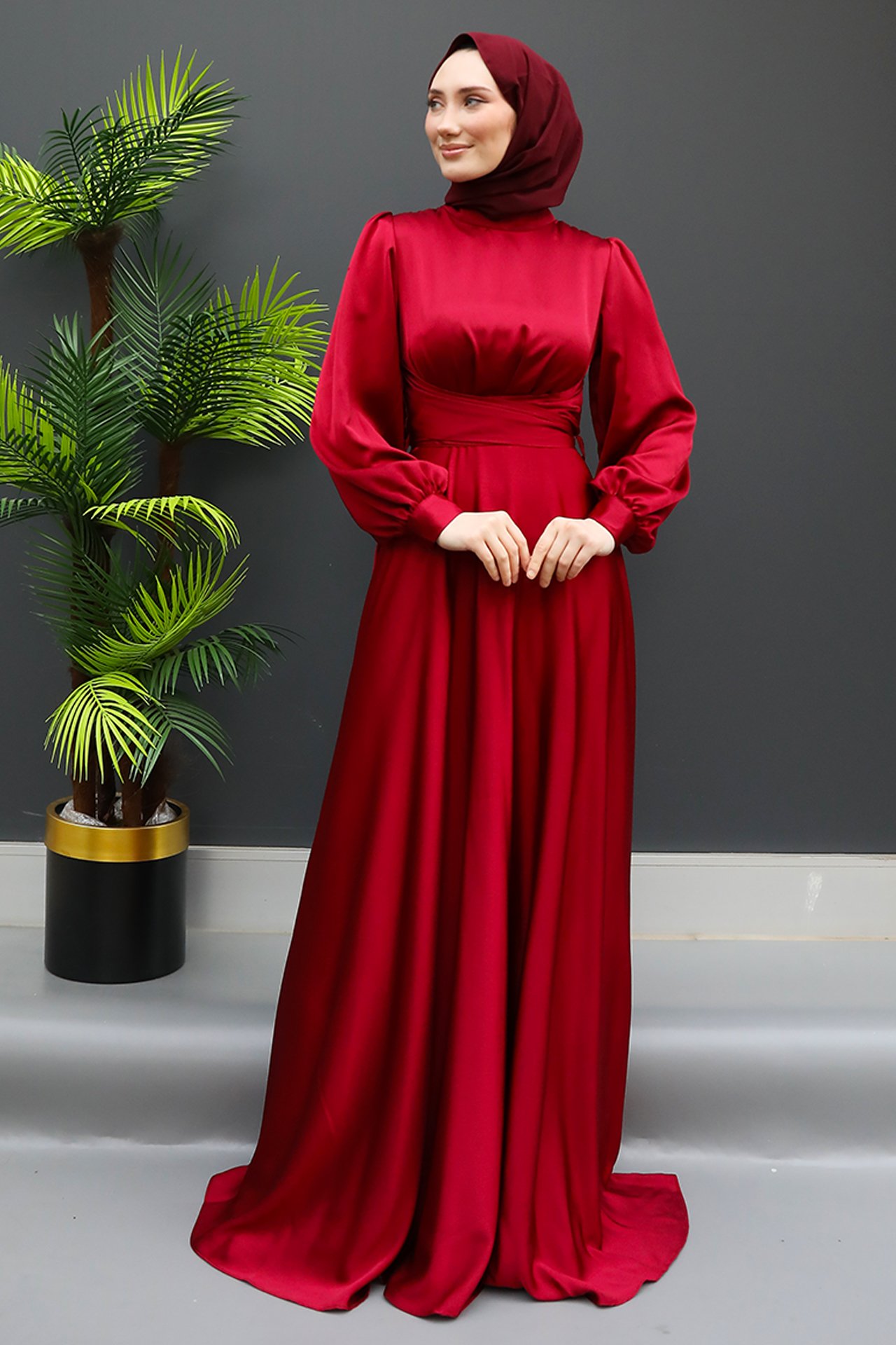 GİZ AGİYİM - Beli Çapraz Bağlamalı Elbise Bordo