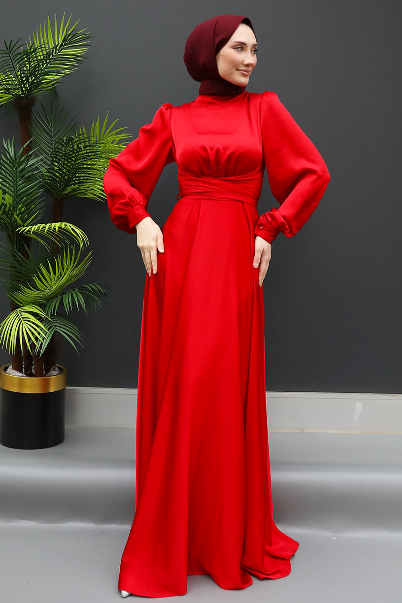 GİZ AGİYİM - Beli Çapraz Bağlamalı Elbise Kırmızı