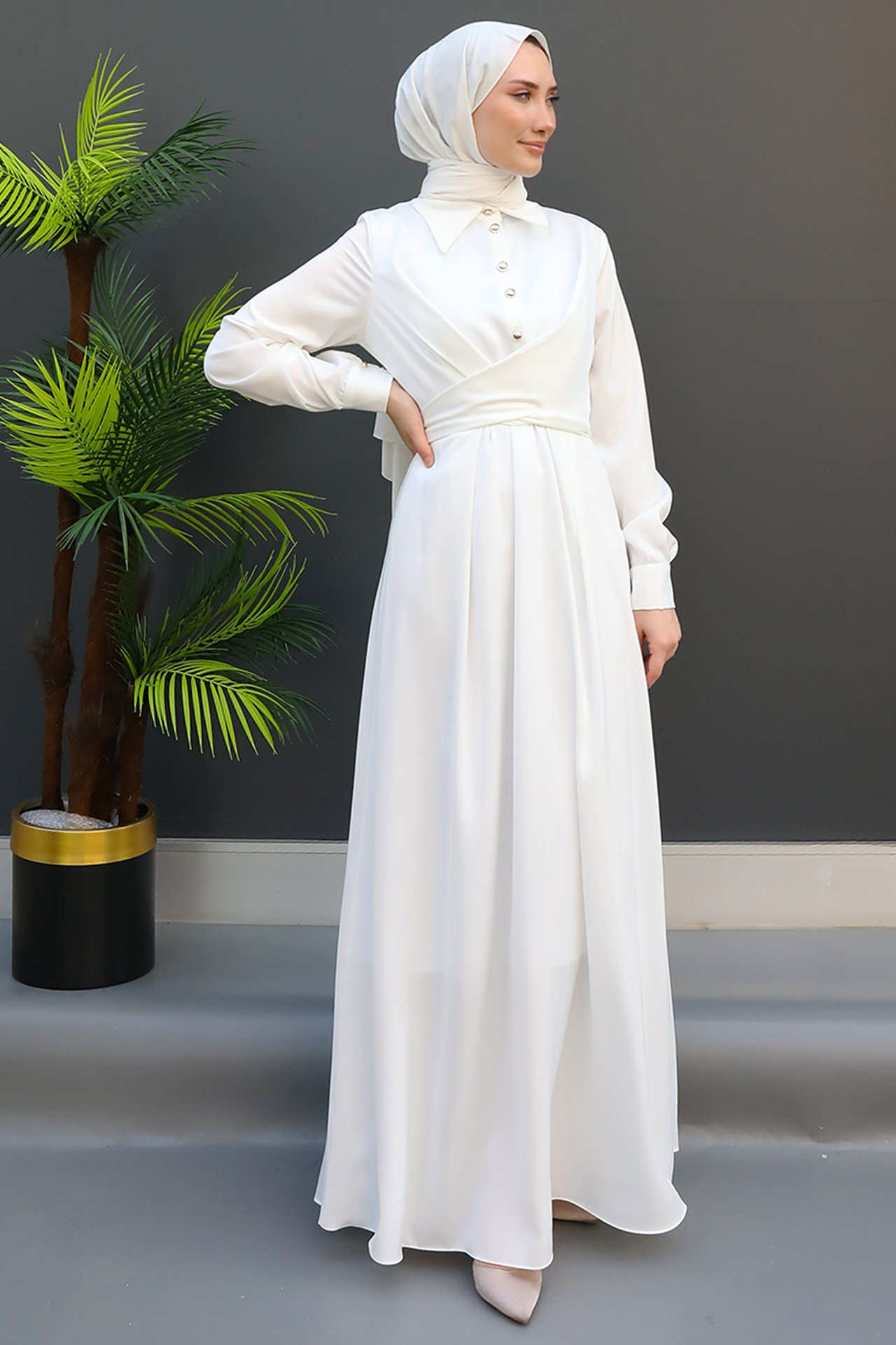 GİZ AGİYİM - Önü Düğmeli Saten Elbise Beyaz