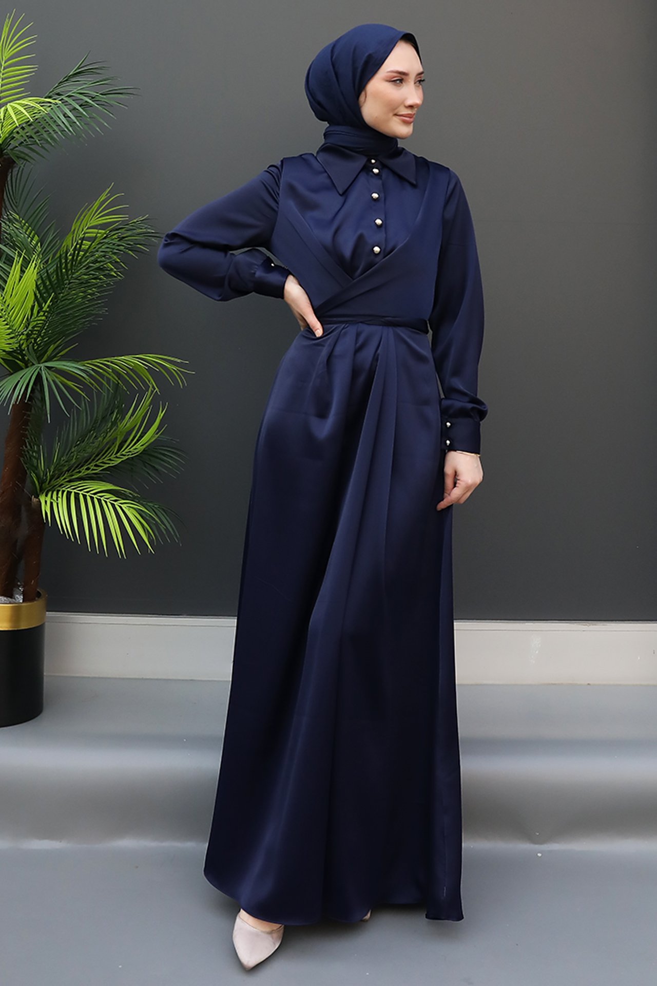 GİZ AGİYİM - Önü Düğmeli Saten Elbise Lacivert