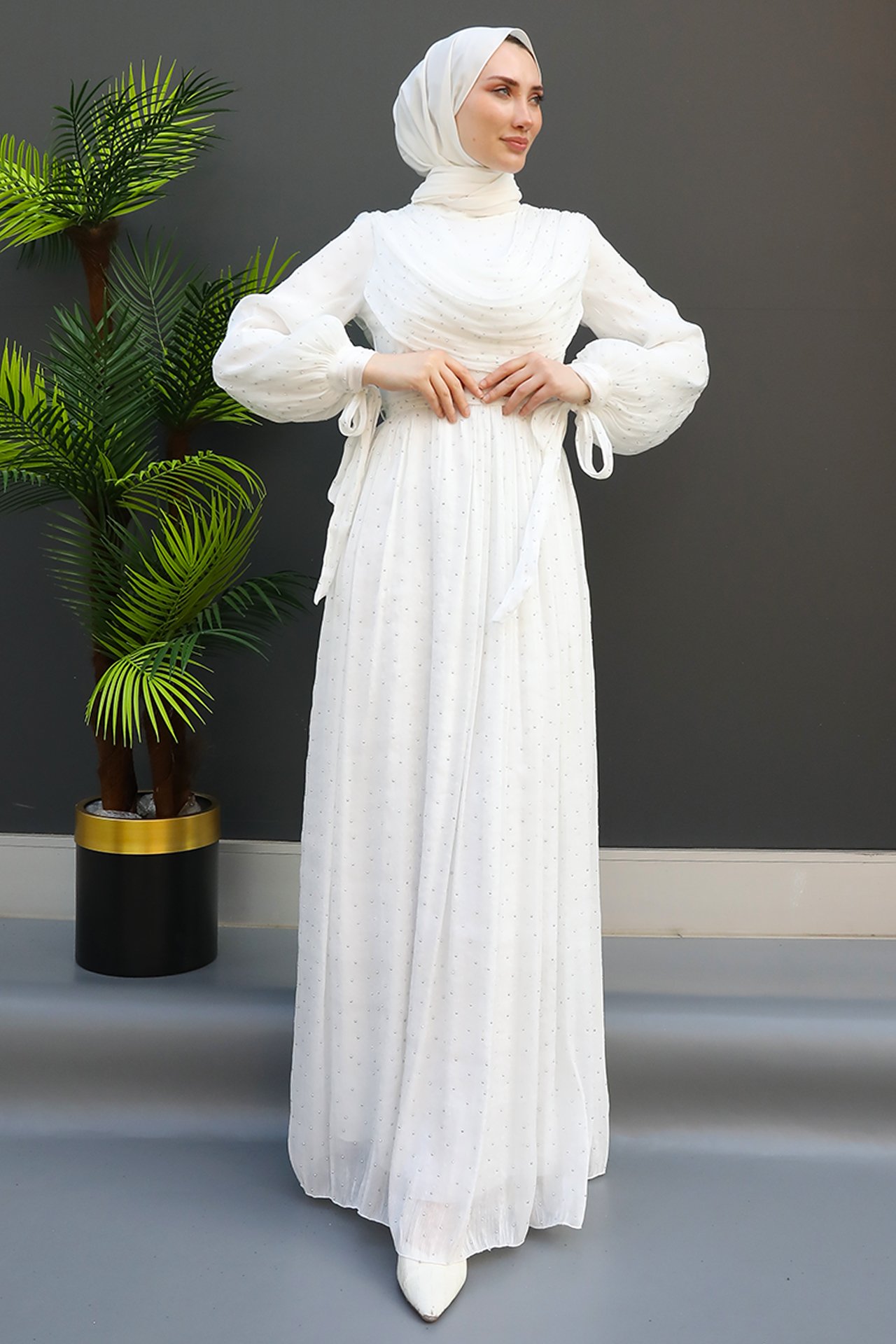 GİZ AGİYİM - Taşlı Yoryo Elbise Beyaz