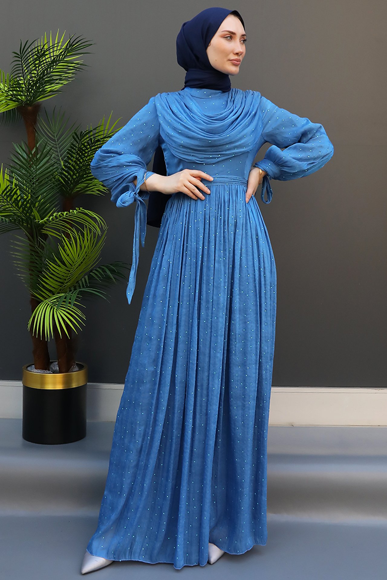 GİZ AGİYİM - Taşlı Yoryo Elbise Mavi