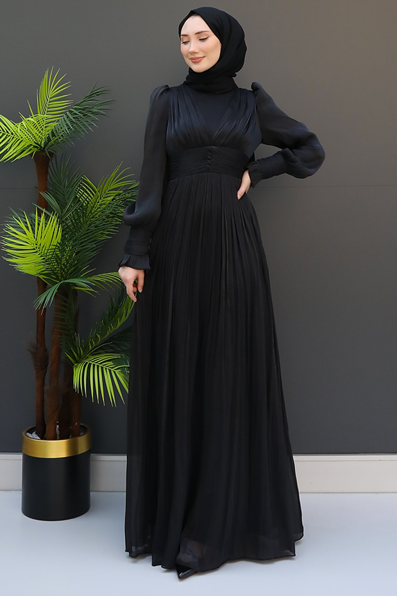 GİZ AGİYİM - Düğmeli İpek Elbise Siyah