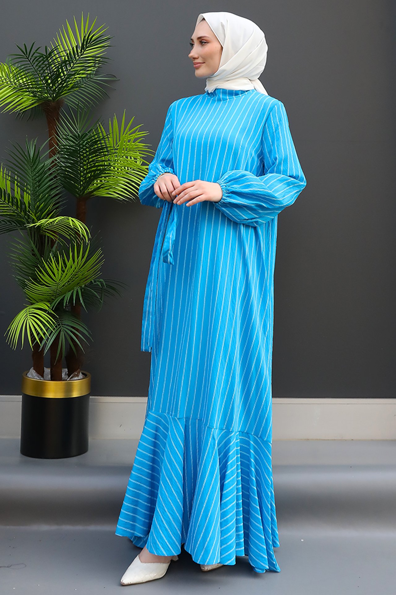 GİZ AGİYİM - Çizgili Volanlı Elbise Mavi