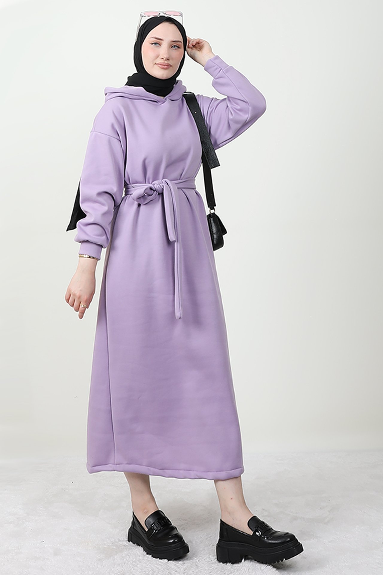 GİZ AGİYİM - Kapüşonlu Şardonlu Elbise Lila
