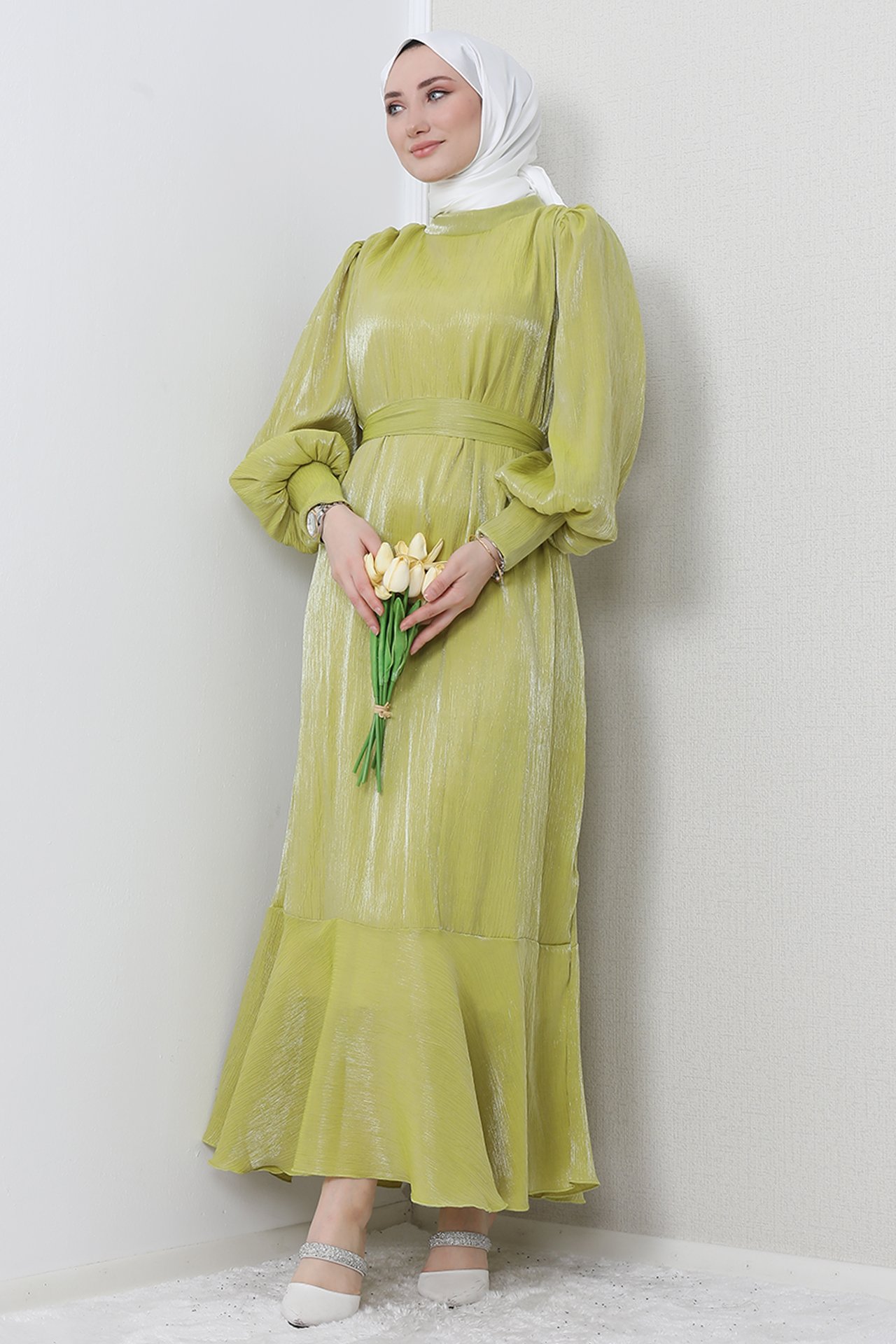 GİZ AGİYİM - Bahar Organze Elbise Yağ Yeşil