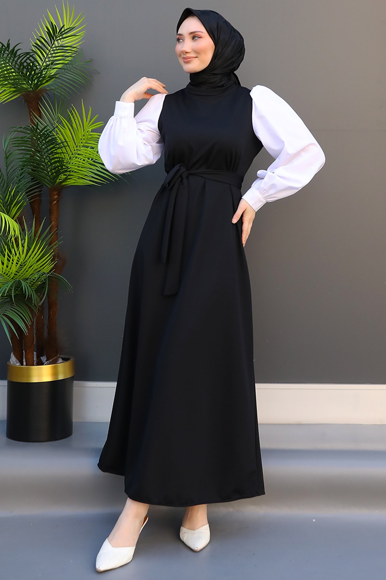 GİZ AGİYİM - Kolu Trikoton Detay Elbise Siyah