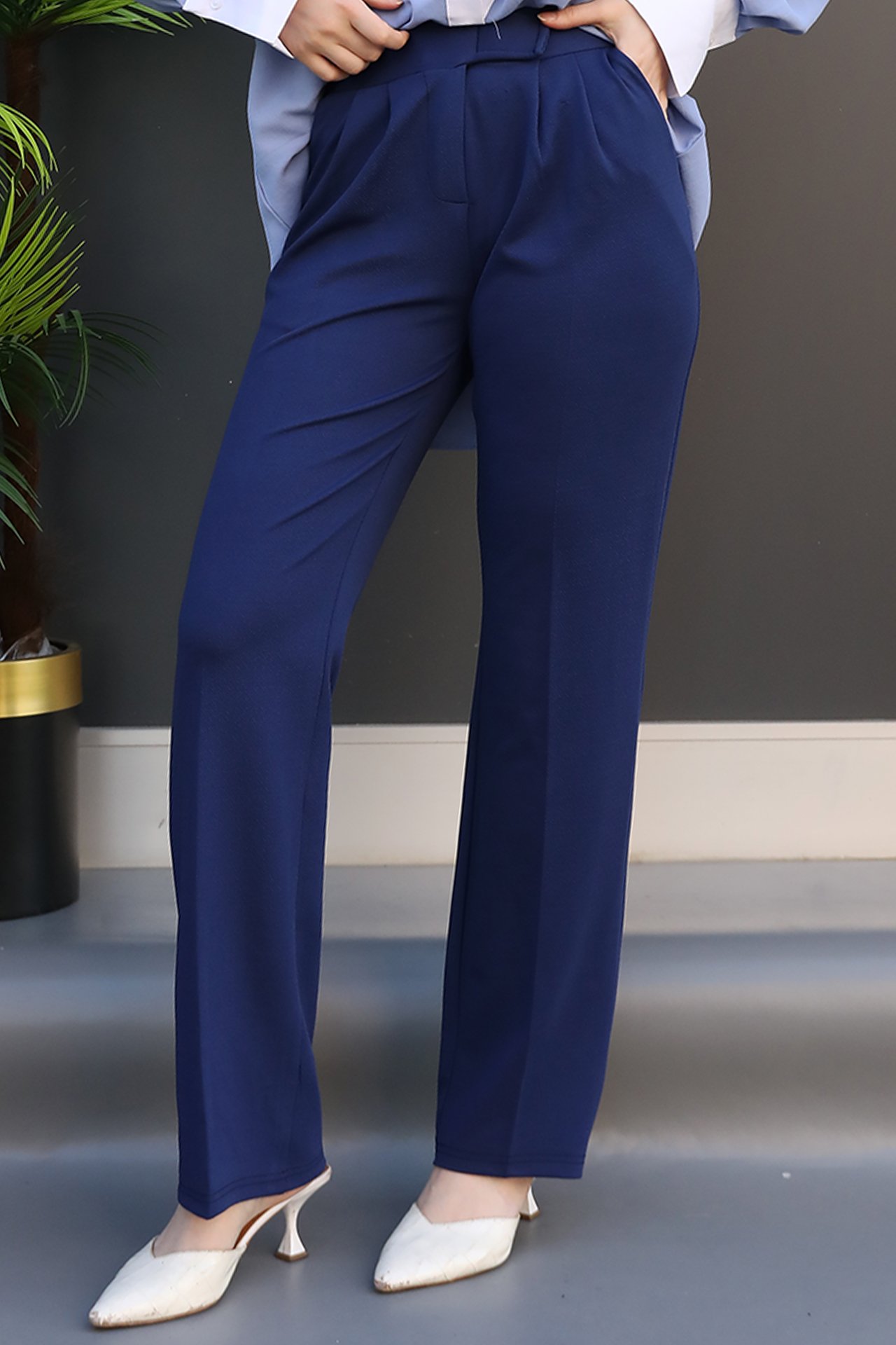 GİZ AGİYİM - Beli Cırtlı Fermuarlı Pantolon Lacivert